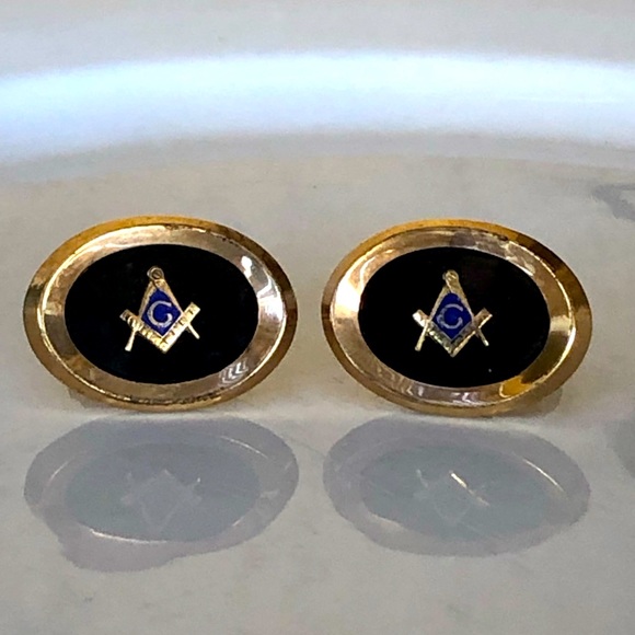 Vintage G Masonic Masons Logo Enamel oval Onyx Cufflinks Gold Filled - Picture 8 of 8